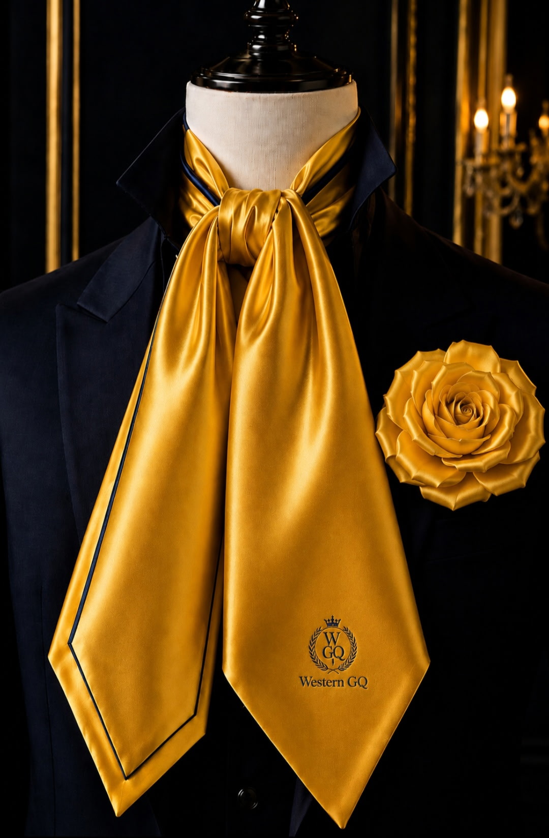 Western GQ gold satin cravat scarf with matching gold rose lapel brooch and Western GQ crest on a mannequin
